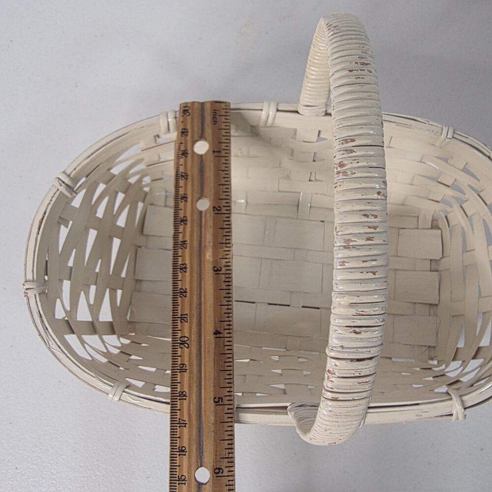 Vintage Cream Shabby Chic Woven Gathering Basket White Splint Wood Reed Handle - Picture 8 of 8